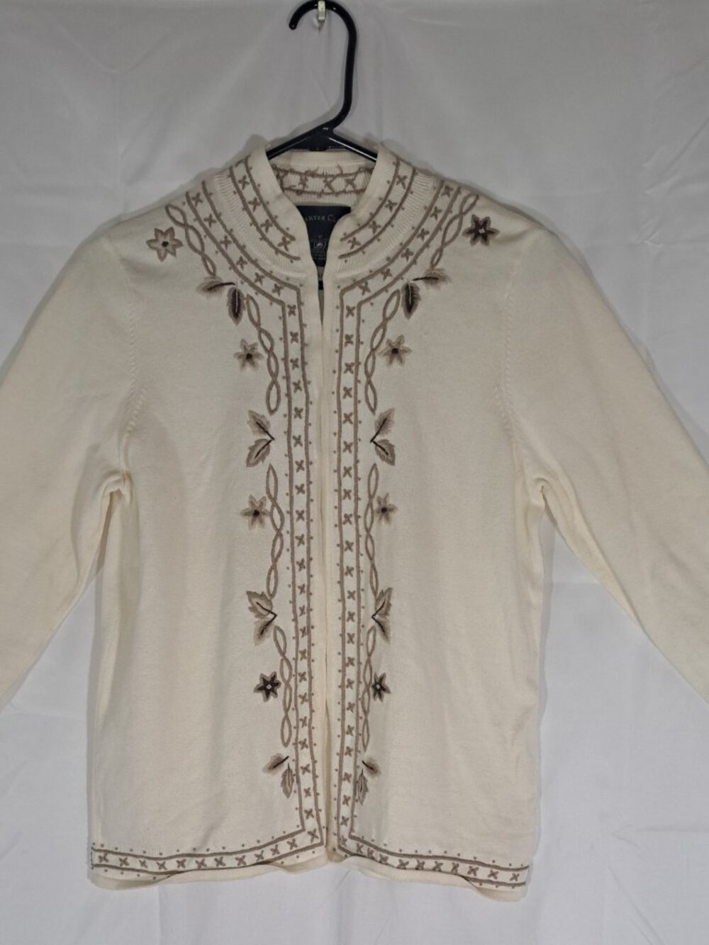 Charter Club Embroidered Cardigan Sweater Cream Hook & Eye Cotton Vintage, Size